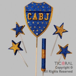 ADORNO DE TORTA SET ESCUDO BOCA CON 4 ESTRELLAS Y BENGALA GIBRE x 1